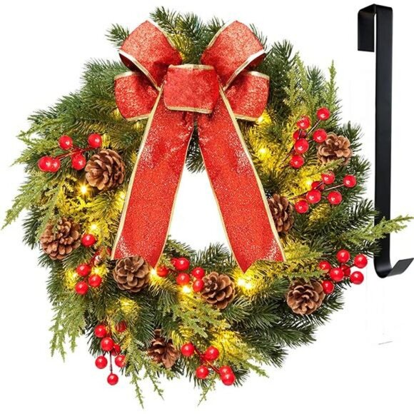 Christmas Wreath 16 inches , with Metal Hanger, Pre-Lit Artificial Christmas - Picture 1 of 7